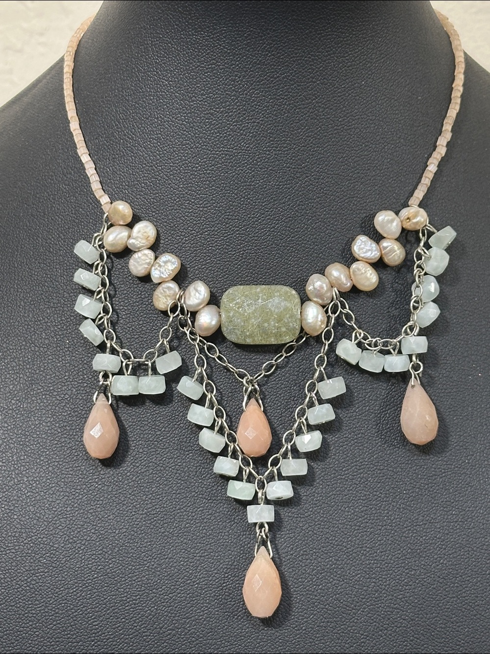 David Aubrey Artisan Prehnite Peach Moonstone Aquamarine Pearl Bib Necklace